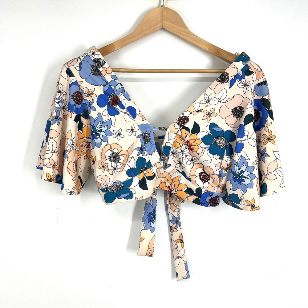 Zara Floral Cropped Top Womens Size M Blue Peach Multi Tie Back Bell Sleeves